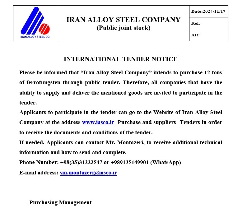 Iran Alloy Steel Company intends to purchase 12 tons of ferrotungsten through public tender