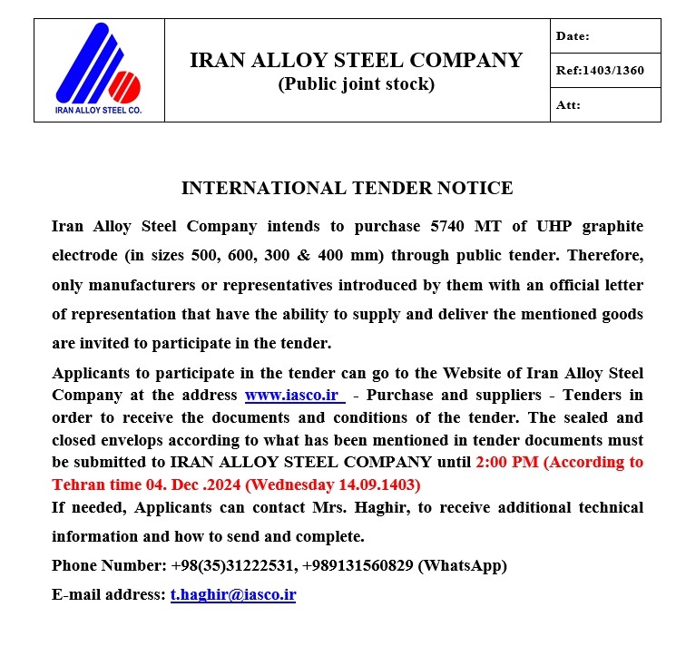 Iran Alloy Steel Company intends to purchase 5740 MT of UHP graphite electrode through public tender