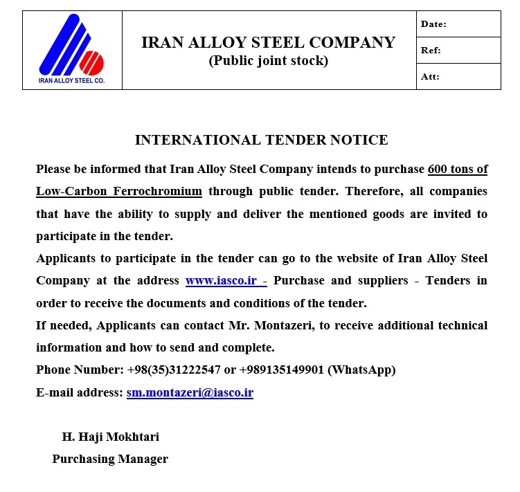 Iran Alloy Steel Company intends to purchase 600 tons of Low-Carbon Ferrochromium