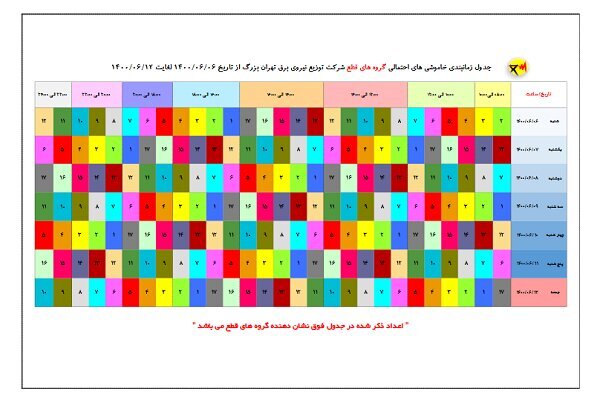 جدول قطعی برق / چهارشنبه ۱۰شهریور ۱۴۰۰