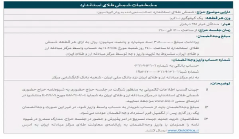 آگهی پنجمین جلسه حراج حضوری شمش طلا منتشر شد