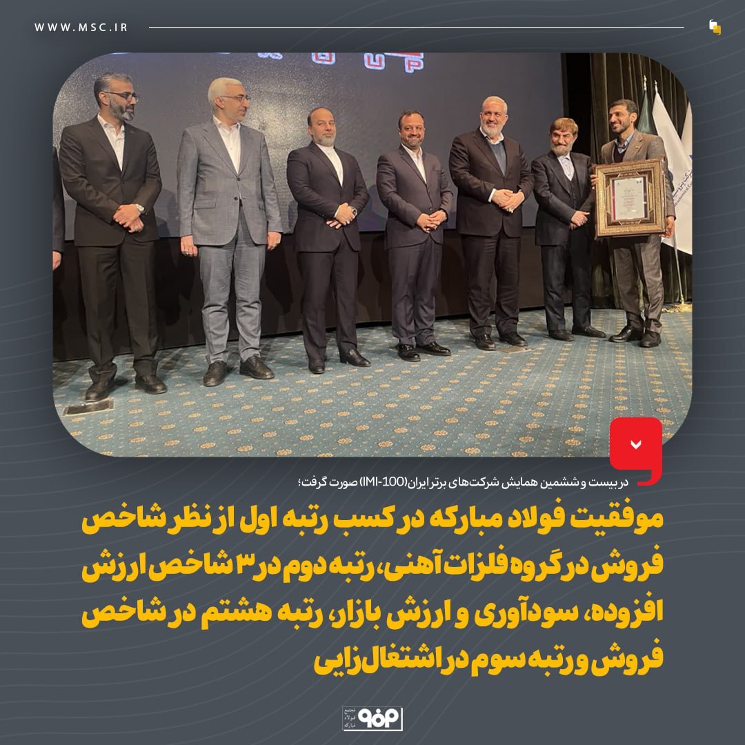 موفقیت فولاد مبارکه در کسب رتبه اول از نظر شاخص فروش در گروه فلزات آهنی، رتبه دوم در ۳ شاخص ارزش افزوده، سودآوری و ارزش بازار، رتبه هشتم در شاخص فروش و رتبه سوم در اشتغال‌زایی