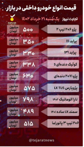 قیمت خودرو ۲۱ خرداد ۱۴۰۲/ کوییک ۱۸ میلیون تومان ریخت