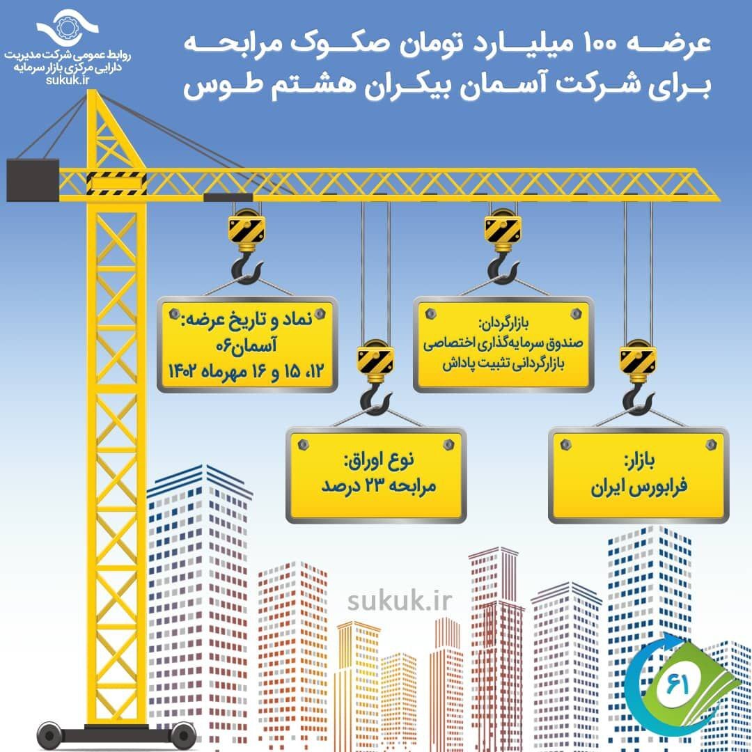 عرضه ۱۰۰ میلیارد تومان صکوک مرابحه برای شرکت آسمان بیکران هشتم طوس