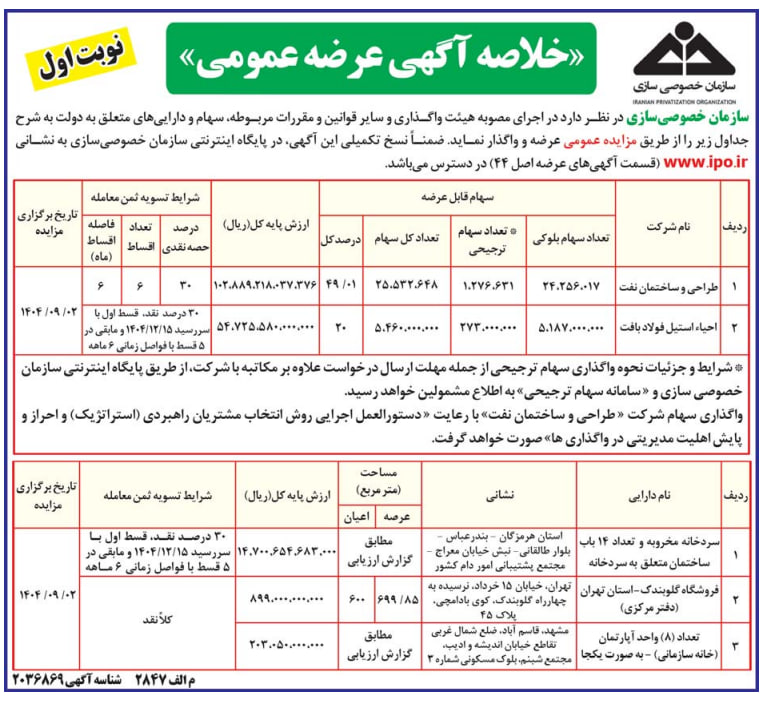 دو شرکت دولتی فولادی و نفتی از طریق مزایده عرضه می‌شوند